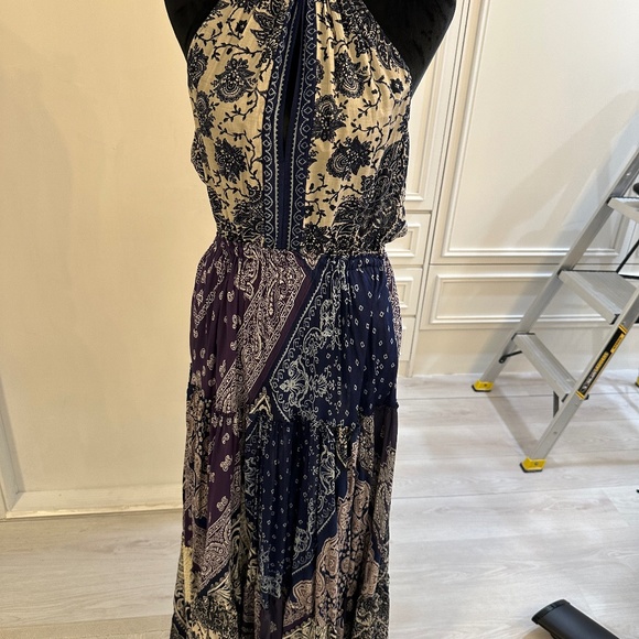 POLO RALPH LAUREN Pattern Mix Keyhole Neck Sleeveless Maxi Dress In Blue Banda - Picture 2 of 9